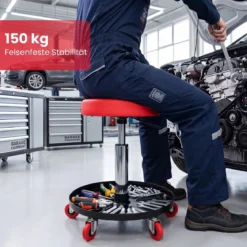 Runder Werkstatthocker mit Rollen & Segmentierter Werkzeugablage Höhenverstellbarer Montagehocker 45,5-60 cm