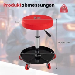 Runder Werkstatthocker mit Rollen & Segmentierter Werkzeugablage Höhenverstellbarer Montagehocker 45,5-60 cm