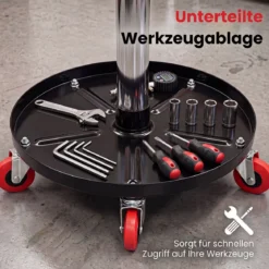 Runder Werkstatthocker mit Rollen & Segmentierter Werkzeugablage Höhenverstellbarer Montagehocker 45,5-60 cm