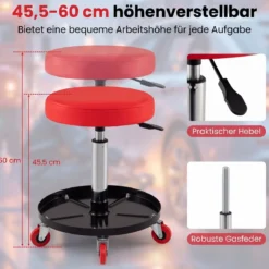 Runder Werkstatthocker mit Rollen & Segmentierter Werkzeugablage Höhenverstellbarer Montagehocker 45,5-60 cm