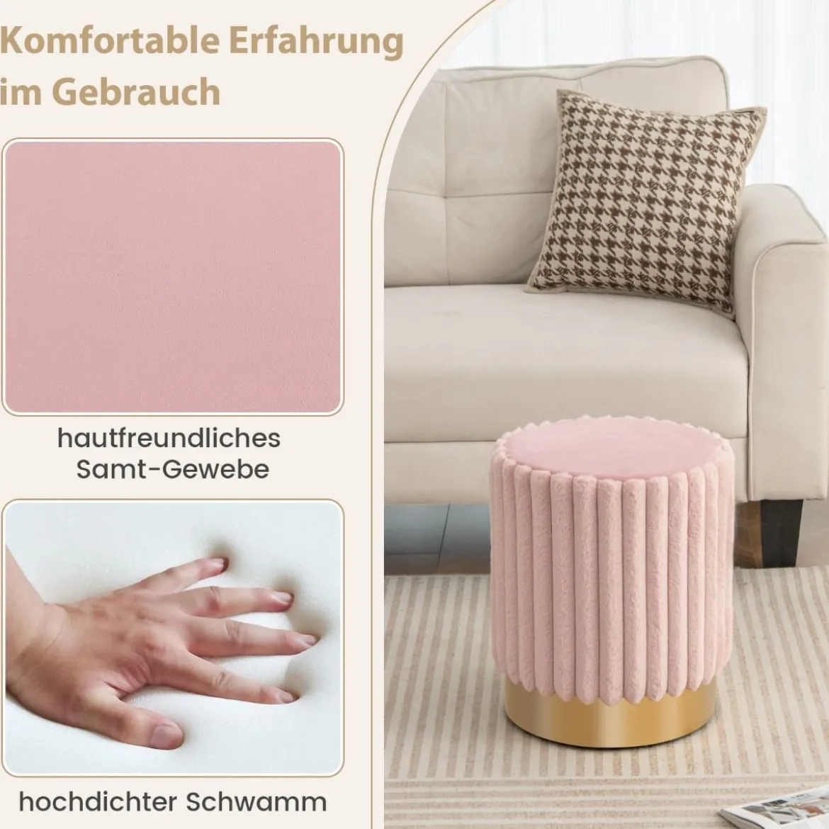 runde Samt Ottomane gepolsterter Fußhocker mit stabilem Metallsockel φ37 x 43 cm Rosa