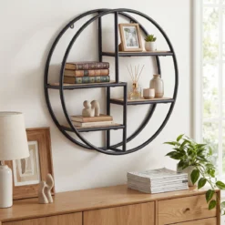 Rundes Wandregal Hängeregal mit 4 Böden 55x55x11cm kreisförmiges Bücherregal Schwarz