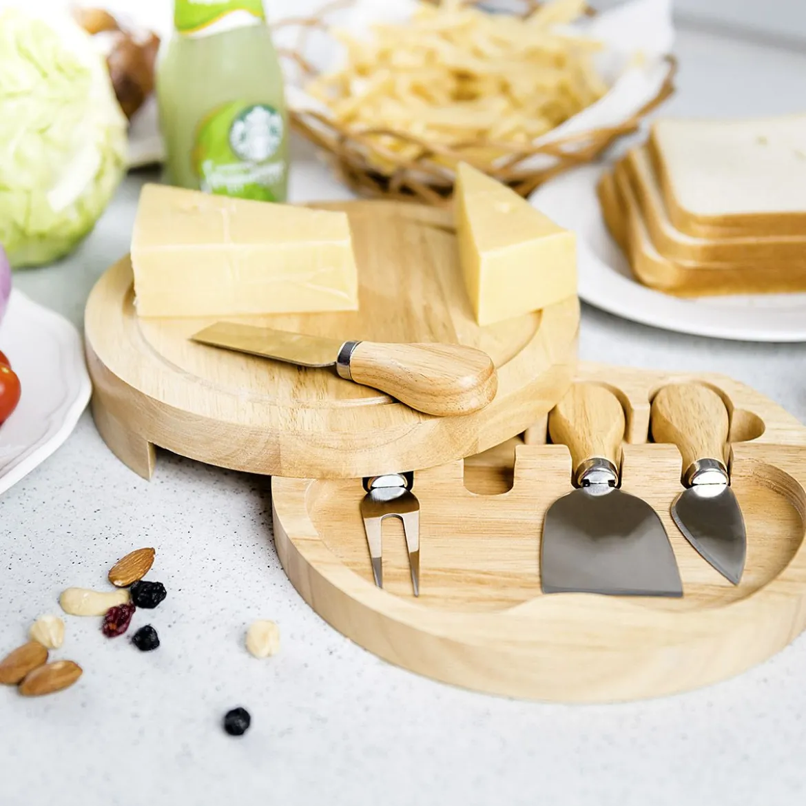 Rund Hölzern Käsebrett & Messer Service-set Käseset Käseplatte Holz und 4tlg Besteck