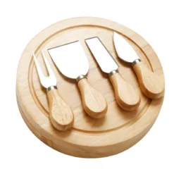 Rund Hölzern Käsebrett & Messer Service-set Käseset Käseplatte Holz und 4tlg Besteck