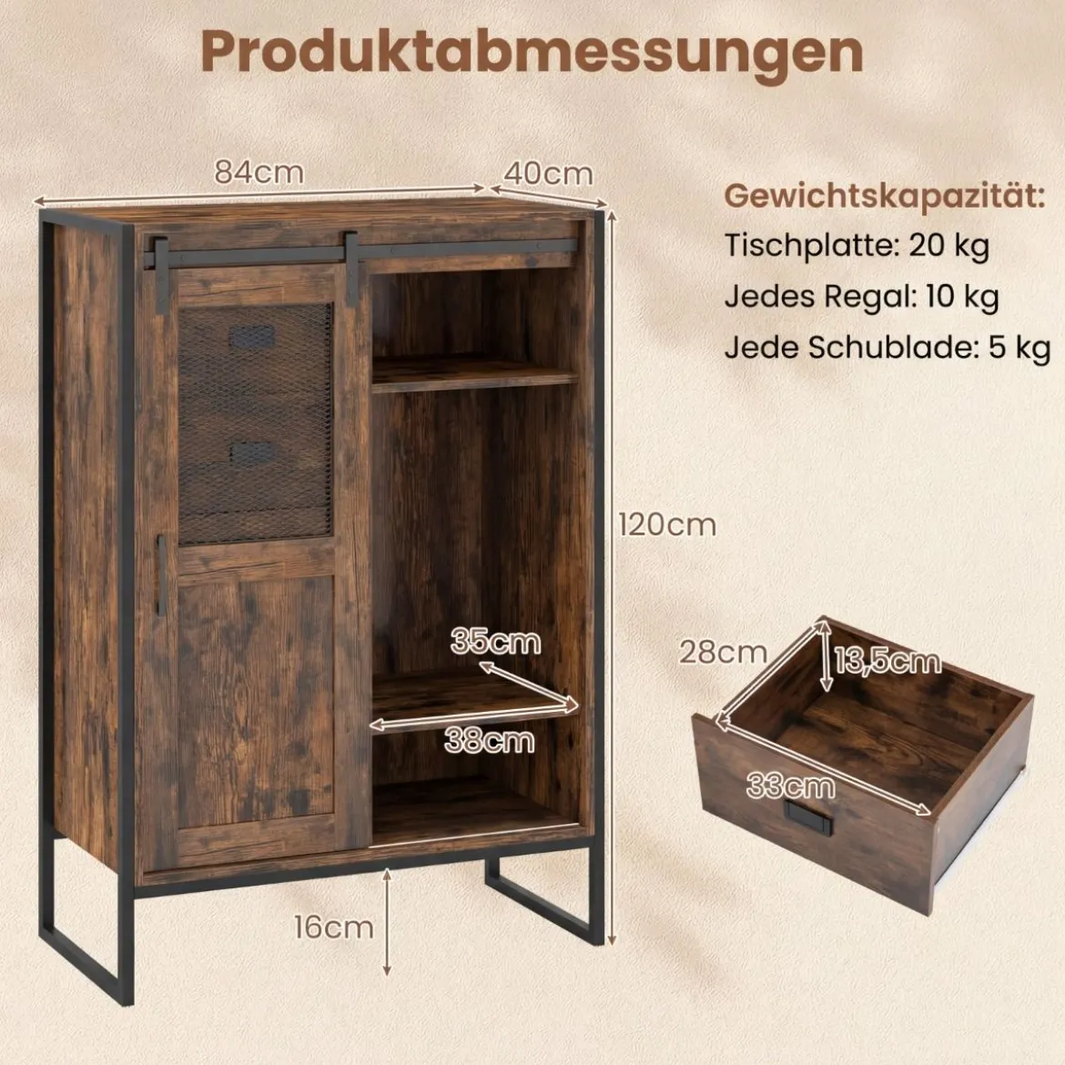 Rustikaler Buffetschrank mit Schiebetür & 5 Schubladen & Verstellbaren Einlegeböden Rustikal Braun