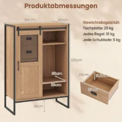 Rustikaler Buffetschrank mit Schiebetür & 5 Schubladen & Verstellbaren Einlegeböden Natur