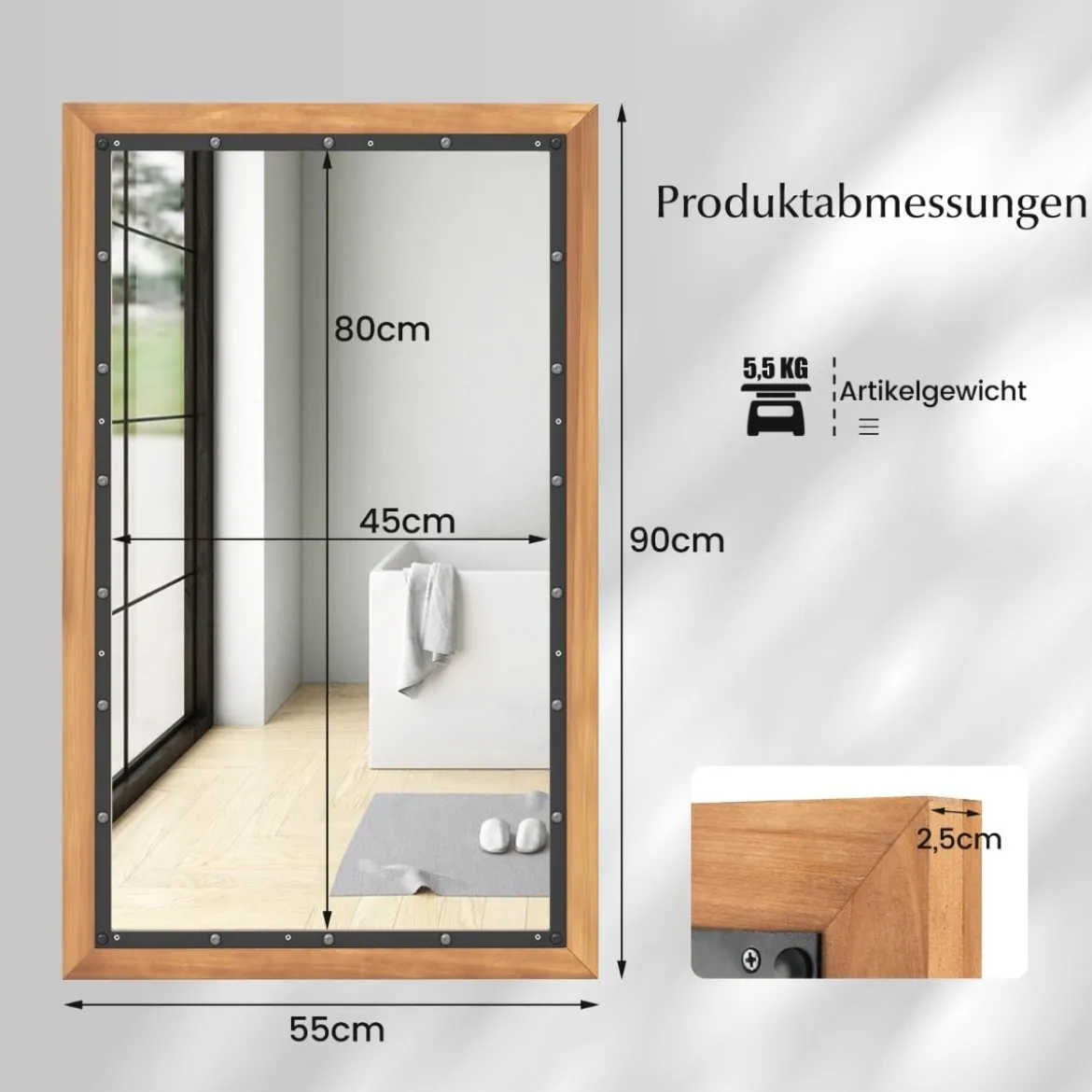 Rustikaler Holzspiegel mit rechteckigem Rahmen dekorativer Hängespiegel 55 x 90 cm Natur