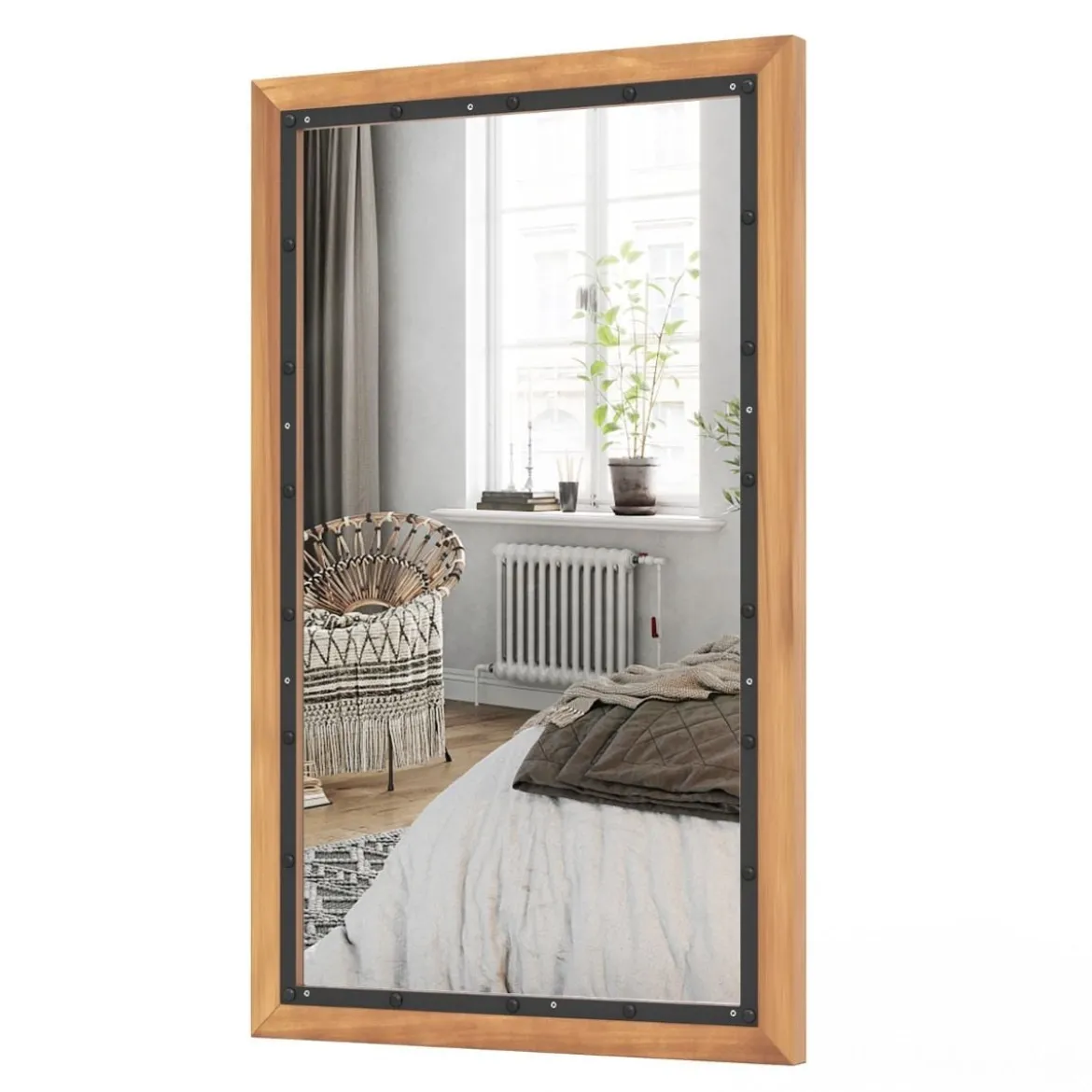 Rustikaler Holzspiegel mit rechteckigem Rahmen dekorativer Hängespiegel 55 x 90 cm Natur
