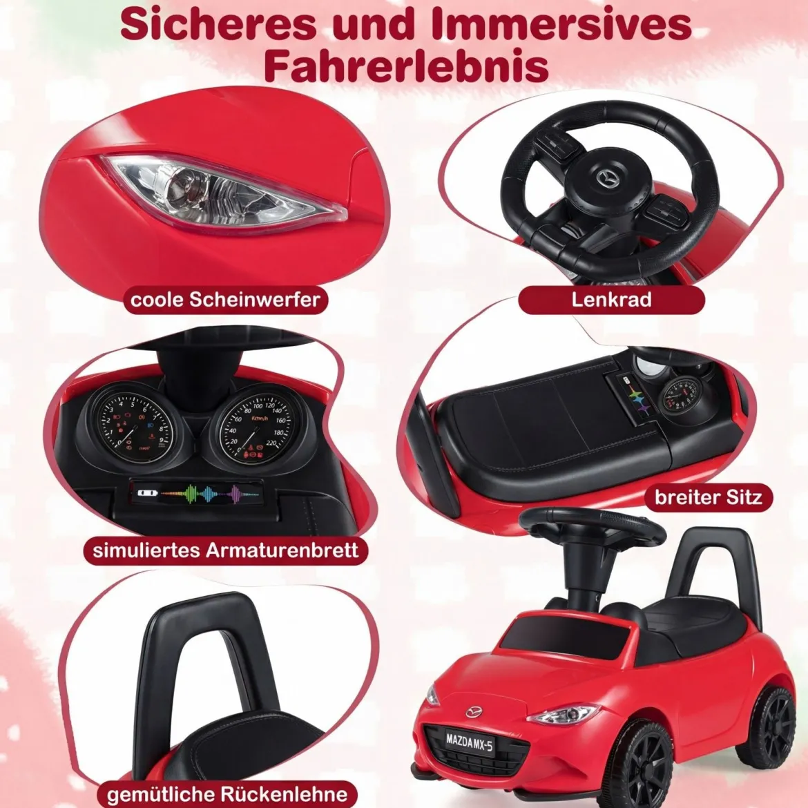 Rutschauto mit Licht & Kippschutz & Stauraum unter dem Sitz Rutschfahrzeug Kinderfahrzeug Rot