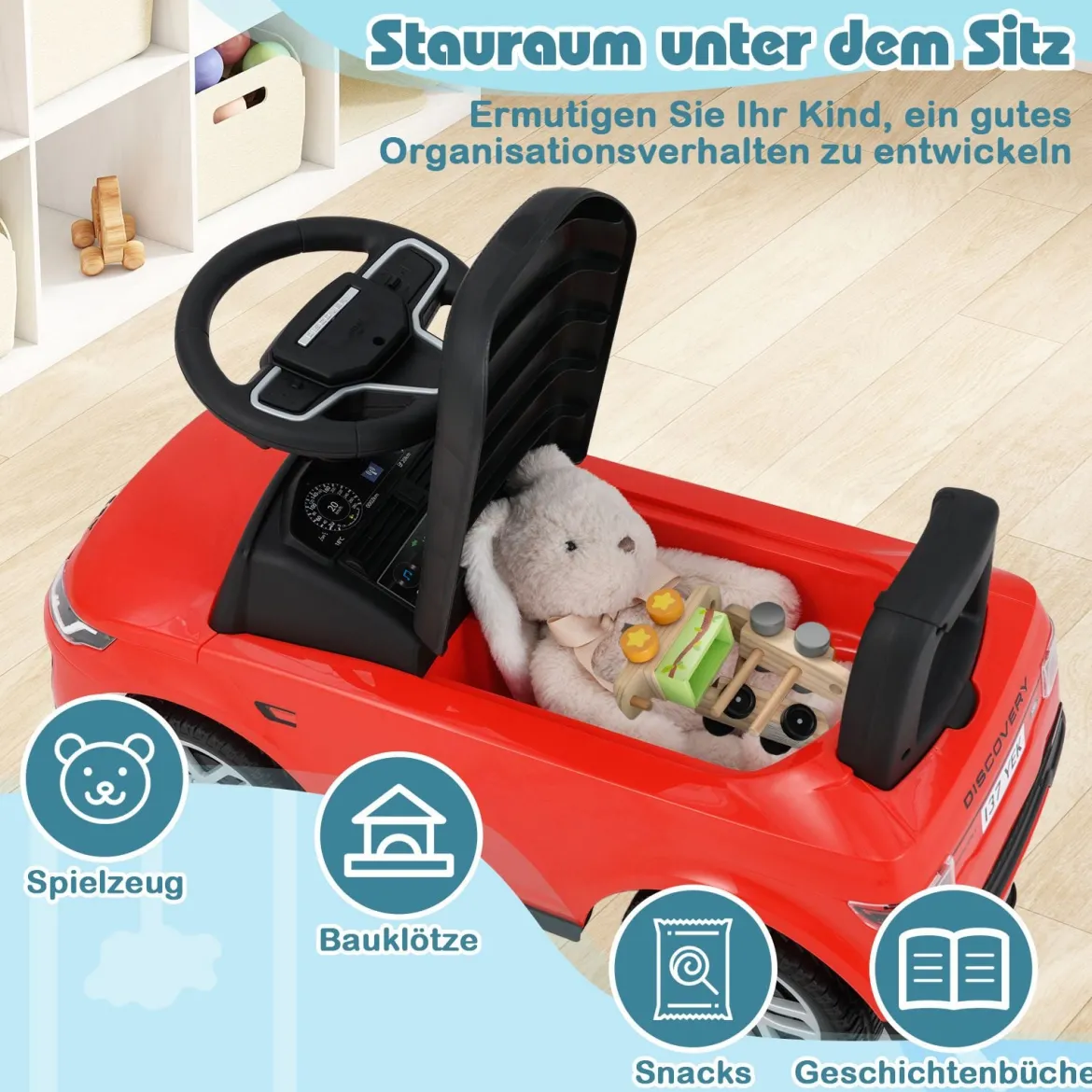 Rutschauto mit Stauraum Rutschfahrzeug Rutscher Kinderauto Schiebauto Spielzeugauto Rot