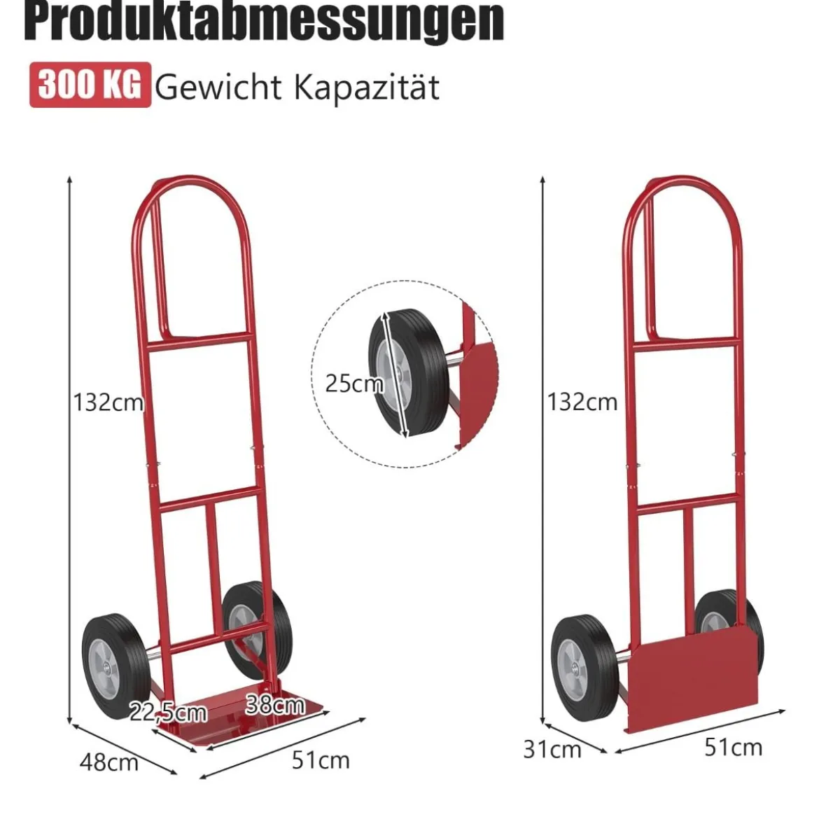 Sackkarre mit P-Griff Staplerkarre mit hoher Rückenlehne 51 x 48 x 132 cm Rot