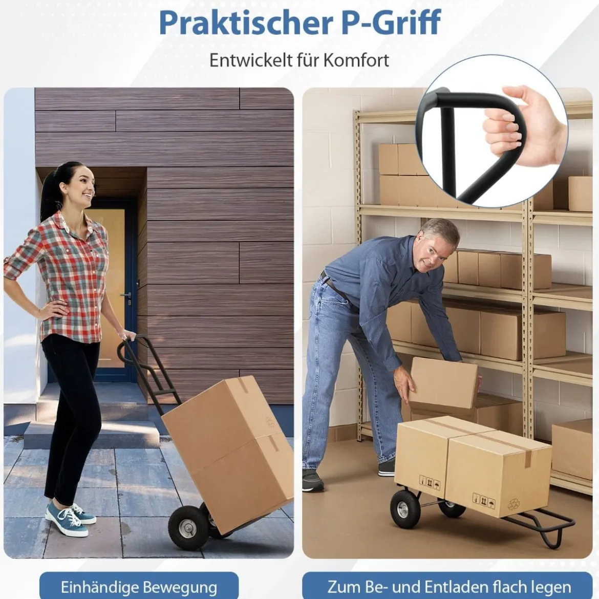 Sackkarre mit P-Griff Staplerkarre mit hoher Rückenlehne klappbarer Ladefläche & Gummirädern Schwarz