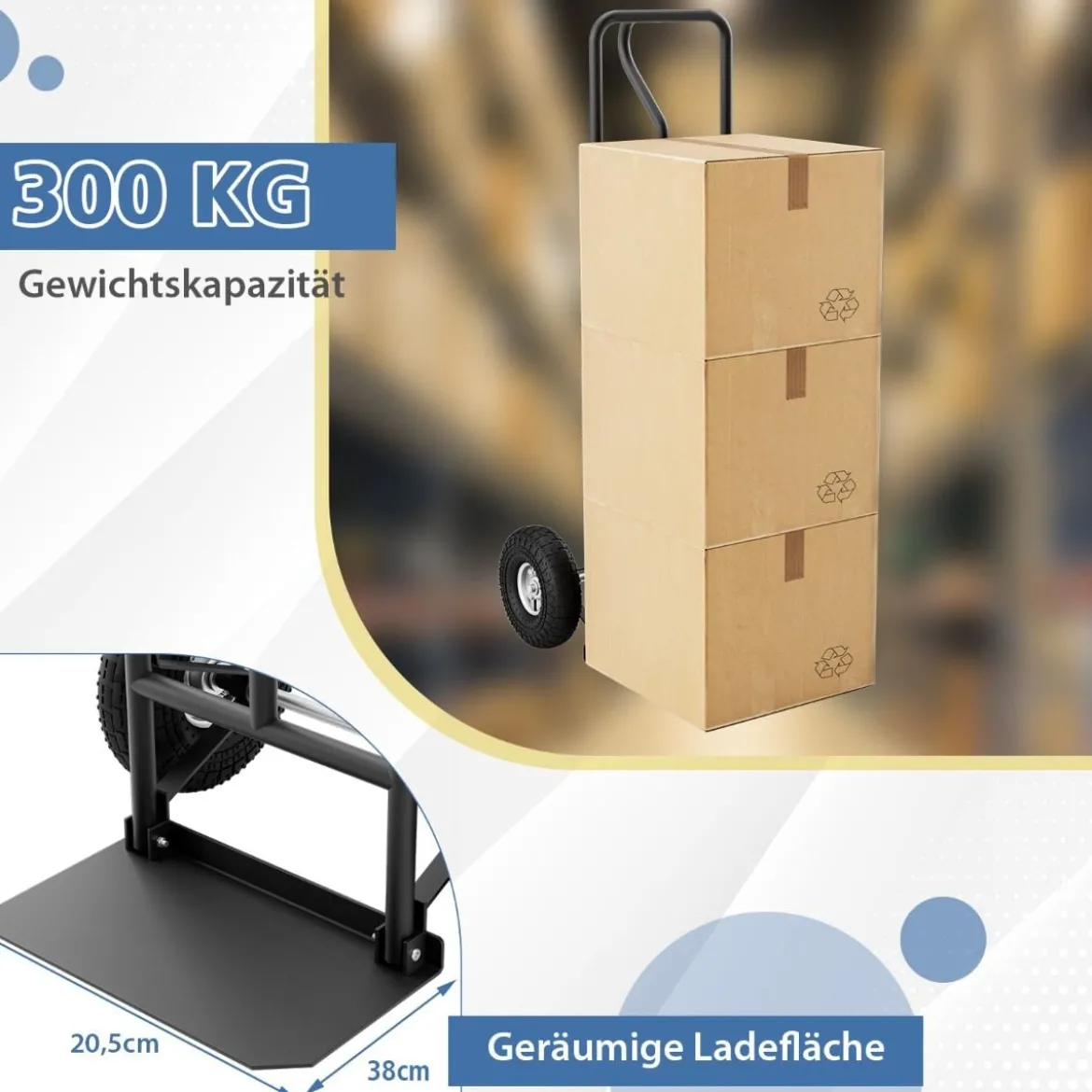 Sackkarre mit P-Griff Staplerkarre mit hoher Rückenlehne klappbarer Ladefläche & Gummirädern Schwarz