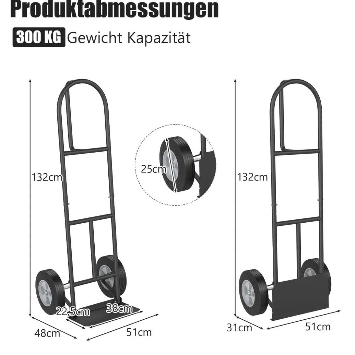 Sackkarre mit P-Griff Staplerkarre mit hoher Rückenlehne 51 x 48 x 132 cm Schwarz