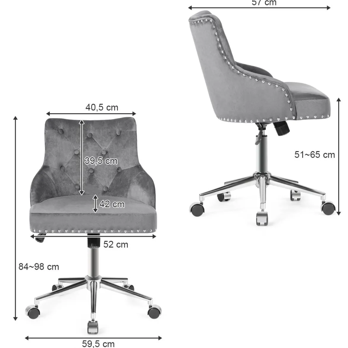Samt Akzent Sessel Bürostuhl mit Rädern Verstellbarer Arbeitsstuhl 59,5 x 57 x 84 - 98 cm Grau