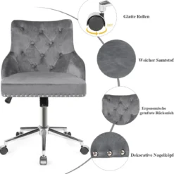 Samt Akzent Sessel Bürostuhl mit Rädern Verstellbarer Arbeitsstuhl 59,5 x 57 x 84 - 98 cm Grau