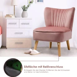 Samt-Akzentstuhl mit Massivholzbeinen dick gepolsterter Sitz 55 x 70 x 77,5 cm Rosa