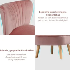 Samt-Akzentstuhl mit Massivholzbeinen dick gepolsterter Sitz 55 x 70 x 77,5 cm Rosa