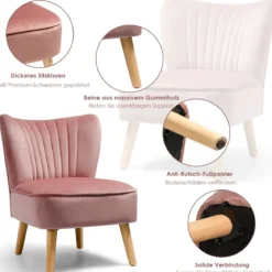 Samt-Akzentstuhl mit Massivholzbeinen dick gepolsterter Sitz 55 x 70 x 77,5 cm Rosa