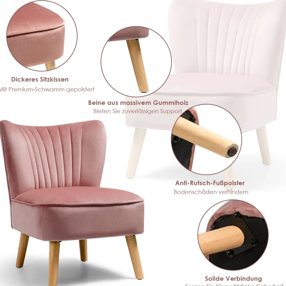 Samt-Akzentstuhl mit Massivholzbeinen dick gepolsterter Sitz 55 x 70 x 77,5 cm Rosa