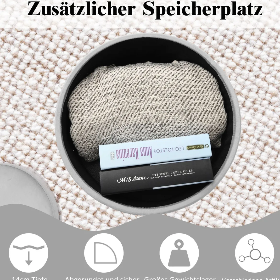 Samthocker Schminkhocker Sitzhocker Fußhocker Polsterhocker mit Stauraum Grau