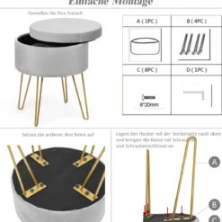 Samthocker Schminkhocker Sitzhocker Fußhocker Polsterhocker mit Stauraum Grau