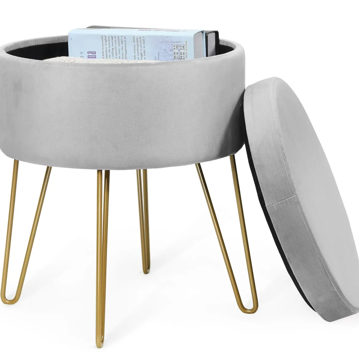 Samthocker Schminkhocker Sitzhocker Fußhocker Polsterhocker mit Stauraum Grau
