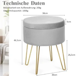 Samthocker Schminkhocker Sitzhocker Fußhocker Polsterhocker mit Stauraum Grau