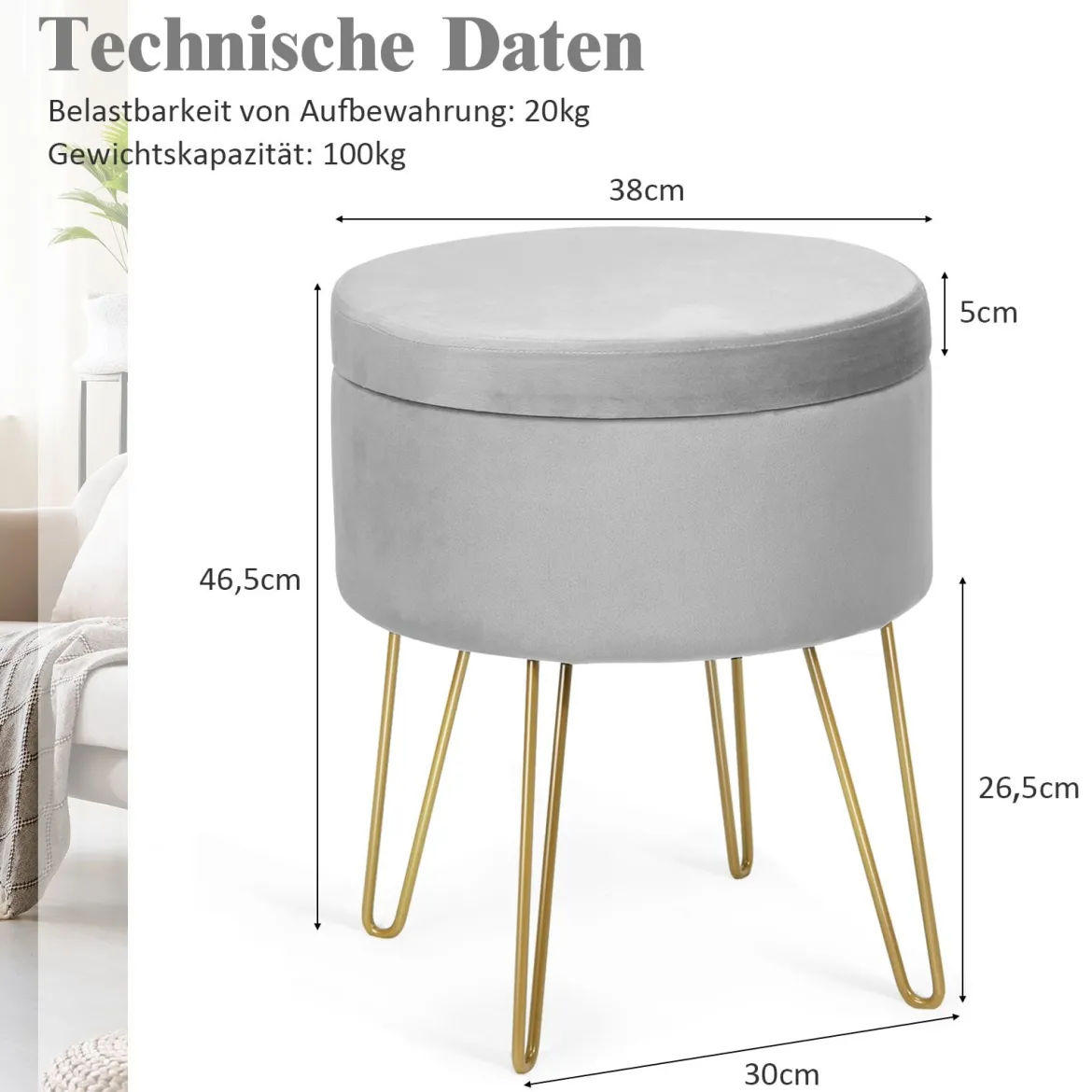 Samthocker Schminkhocker Sitzhocker Fußhocker Polsterhocker mit Stauraum Grau