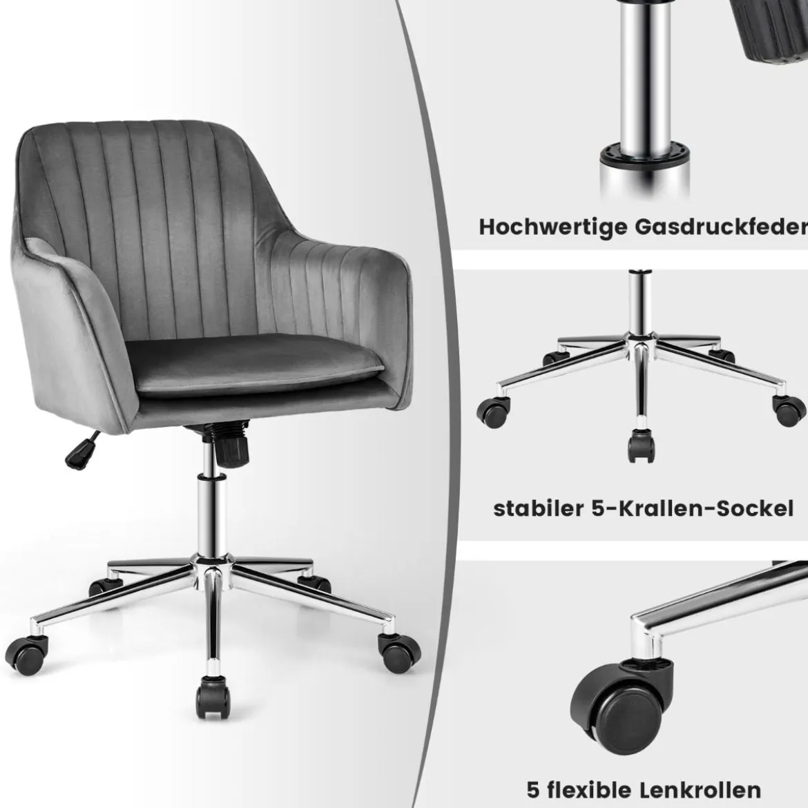 Samtstuhl mit 5 Rollen ergonomischer Rückenlehne und Armlehnen moderner Schminkstuhl Grau