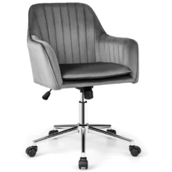 Samtstuhl mit 5 Rollen ergonomischer Rückenlehne und Armlehnen moderner Schminkstuhl Grau