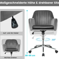 Samtstuhl mit 5 Rollen ergonomischer Rückenlehne und Armlehnen moderner Schminkstuhl Grau