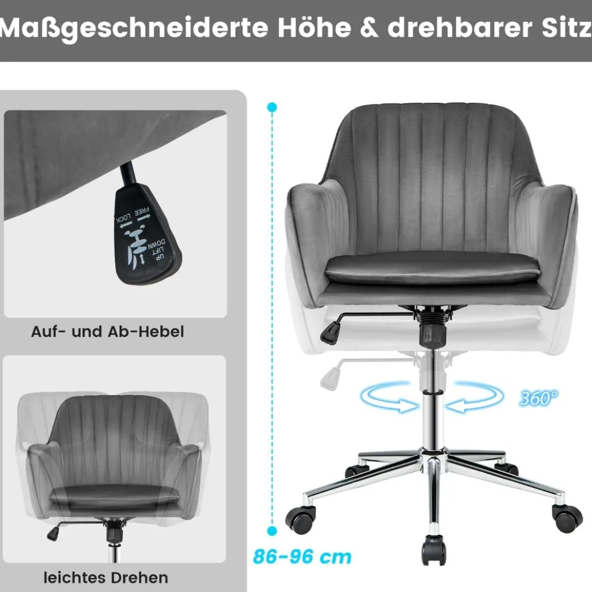 Samtstuhl mit 5 Rollen ergonomischer Rückenlehne und Armlehnen moderner Schminkstuhl Grau