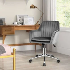 Samtstuhl mit 5 Rollen ergonomischer Rückenlehne und Armlehnen moderner Schminkstuhl Grau