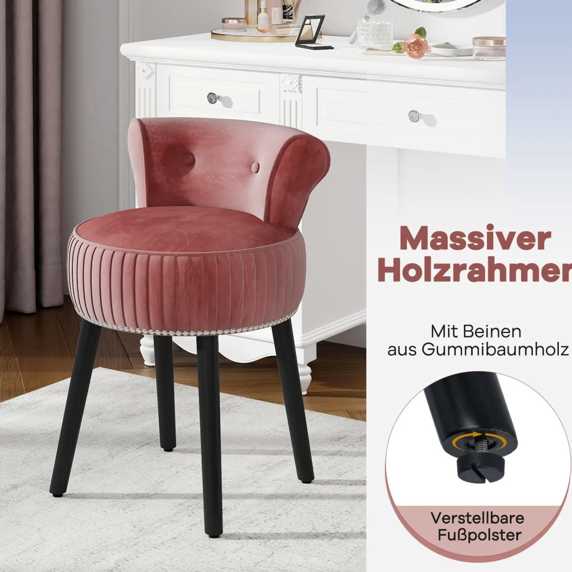 Samt-Vanity-Stuhl mit Lehne gepolsterter Vanity-Hocker mit tief getufteter Rückenlehne Rosa