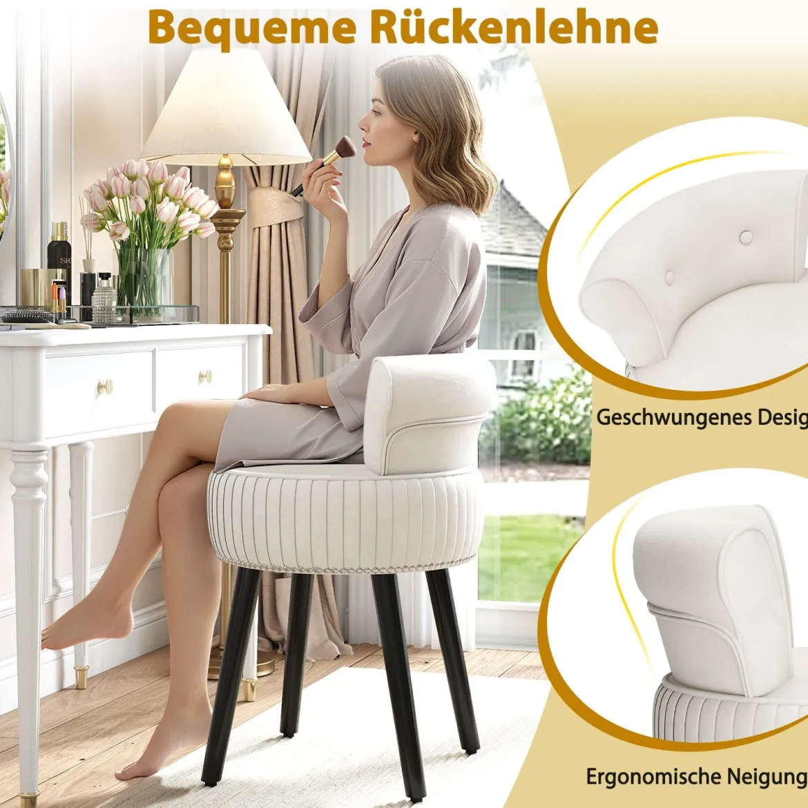Samt-Vanity-Stuhl mit Lehne gepolsterter Vanity-Hocker mit tief getufteter Rückenlehne Weiß