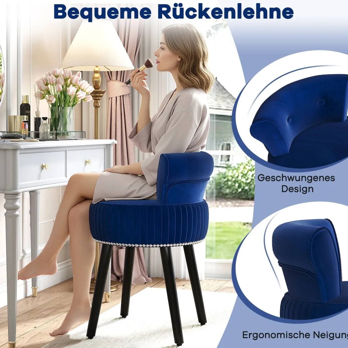 Samt-Vanity-Stuhl mit Lehne gepolsterter Vanity-Hocker mit tief getufteter Rückenlehne und massiven Holzbeinen Blau