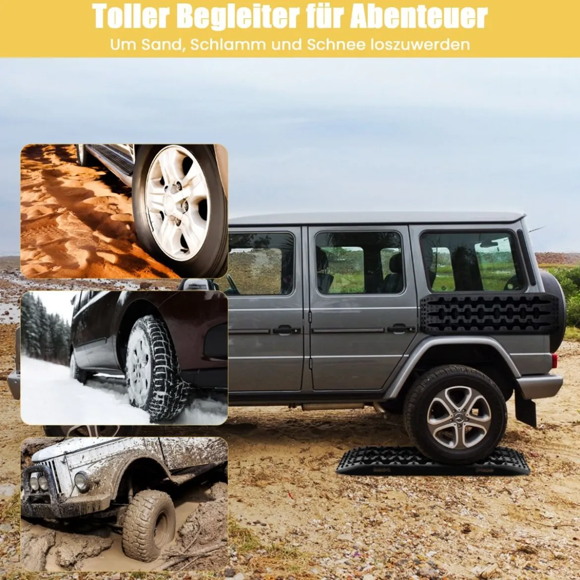 Sandbleche Offroad 2 Stücke Anfahrhilfe Reifenleiter für Sand/Schlamm/Schnee 107 x 31 x 7 cm Schwarz