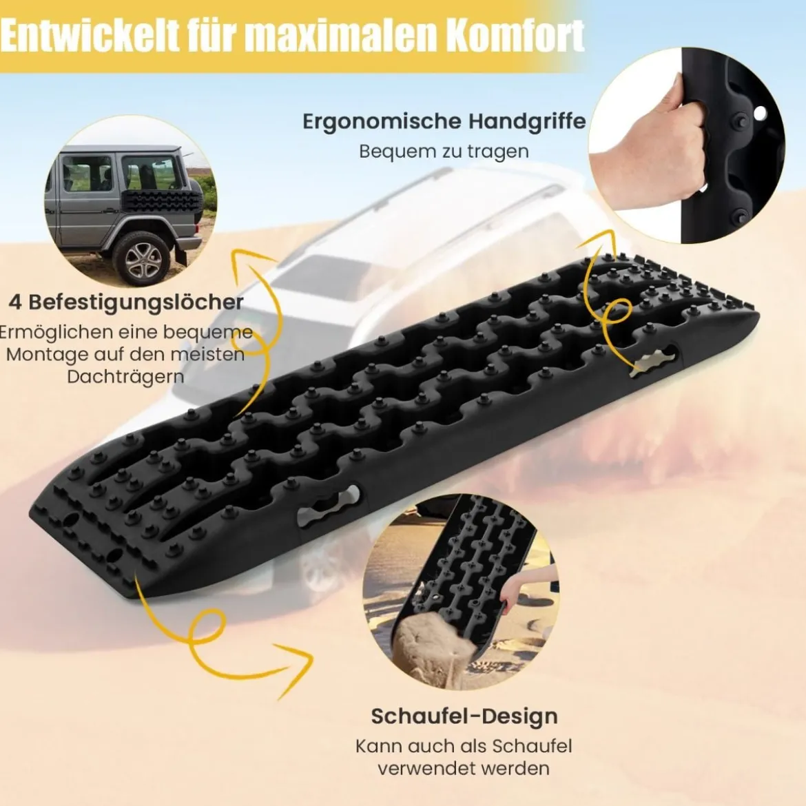 Sandbleche Offroad 2 Stücke Anfahrhilfe Reifenleiter für Sand/Schlamm/Schnee 107 x 31 x 7 cm Schwarz