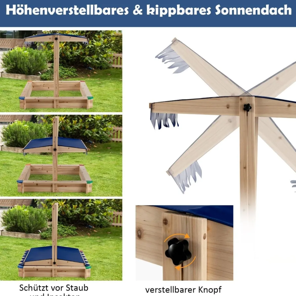 Sandkasten aus Holz mit Höhenverstellbarem Baldachin & Schützenden Ecken Spielstation