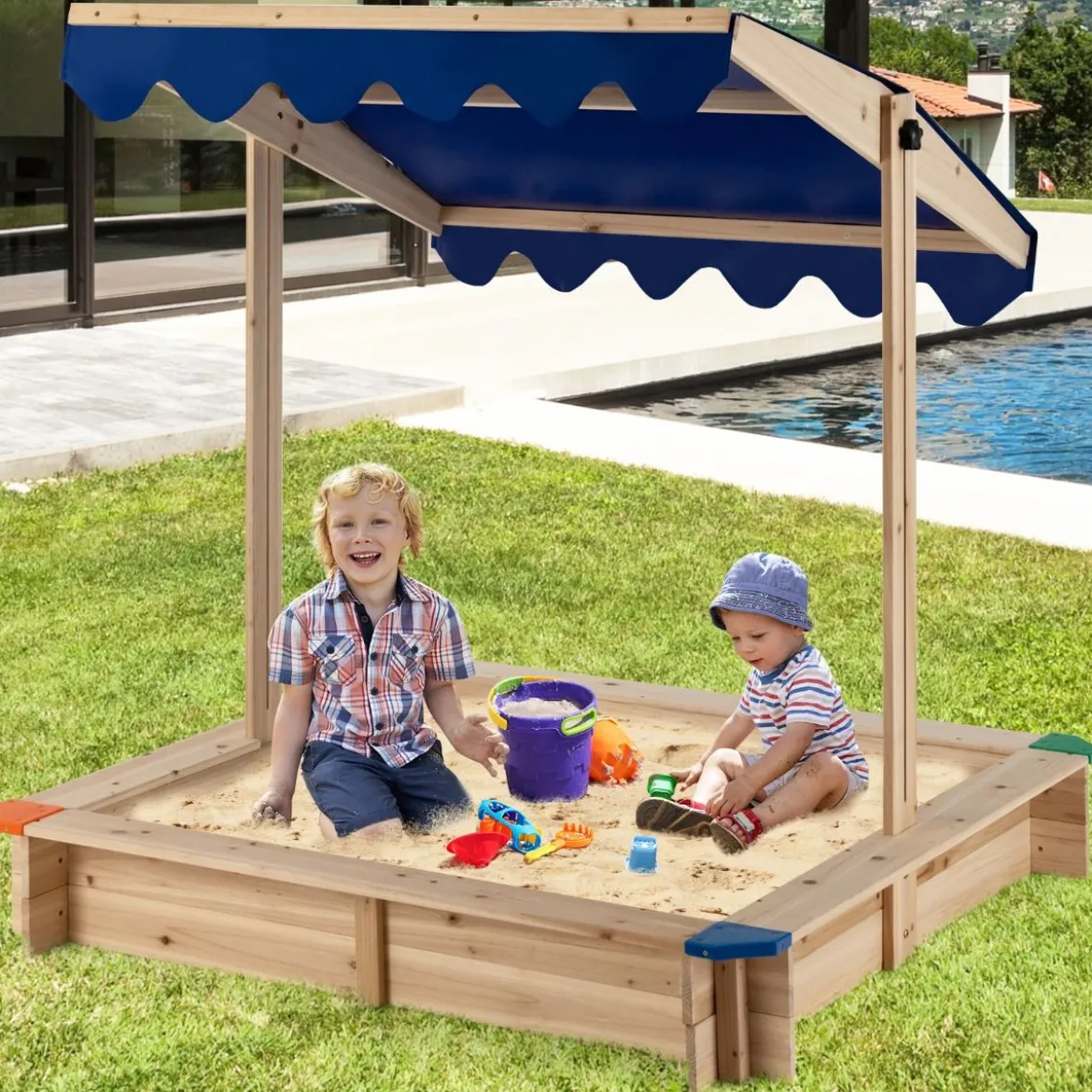 Sandkasten aus Holz mit Höhenverstellbarem Baldachin & Schützenden Ecken Spielstation