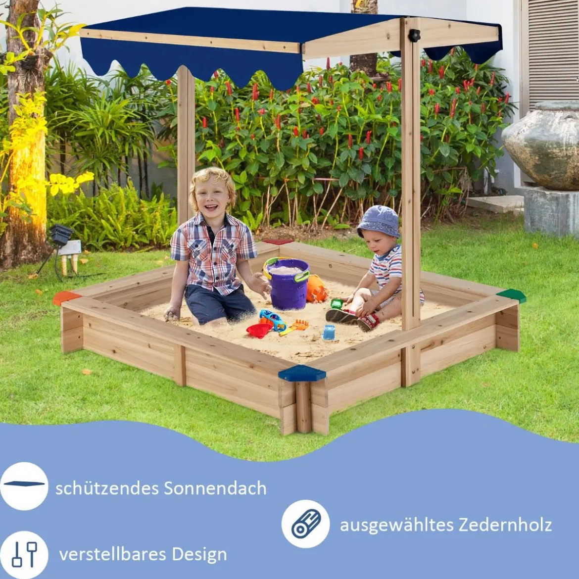Sandkasten aus Holz mit Höhenverstellbarem Baldachin & Schützenden Ecken Spielstation