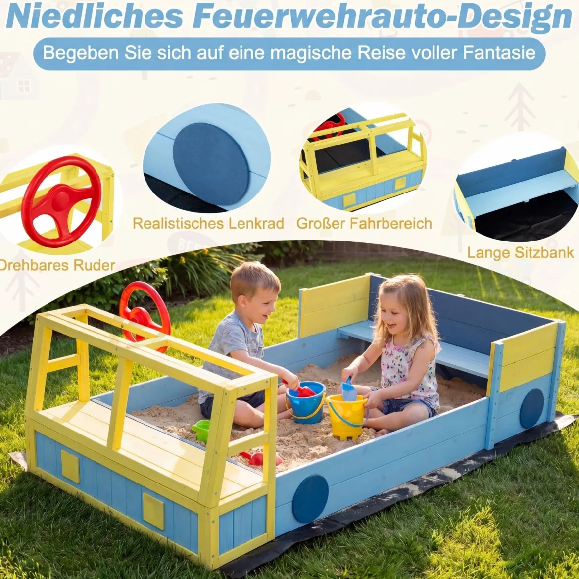 Sandkasten aus Holz Sandkiste im Feuerwehrauto-Design mit Drehbarem Steuerrad & Sitzbank