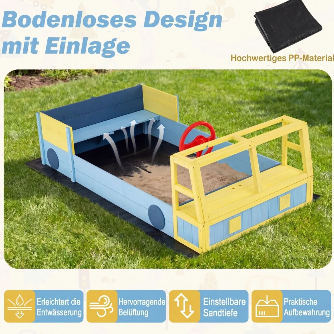 Sandkasten aus Holz Sandkiste im Feuerwehrauto-Design mit Drehbarem Steuerrad & Sitzbank