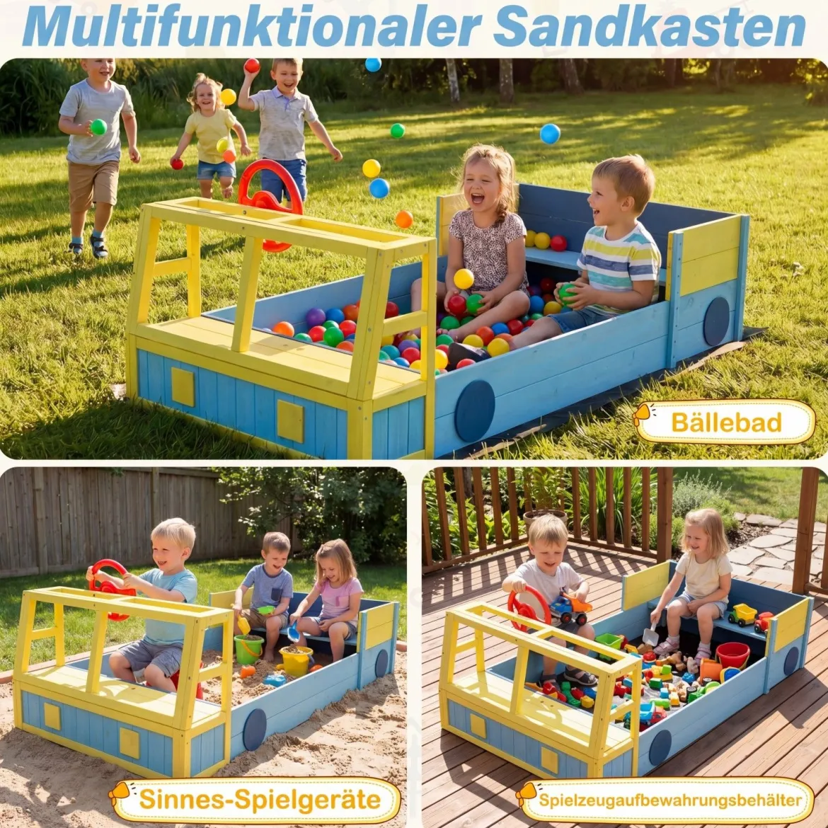 Sandkasten aus Holz Sandkiste im Feuerwehrauto-Design mit Drehbarem Steuerrad & Sitzbank
