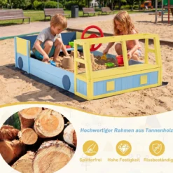Sandkasten aus Holz Sandkiste im Feuerwehrauto-Design mit Drehbarem Steuerrad & Sitzbank