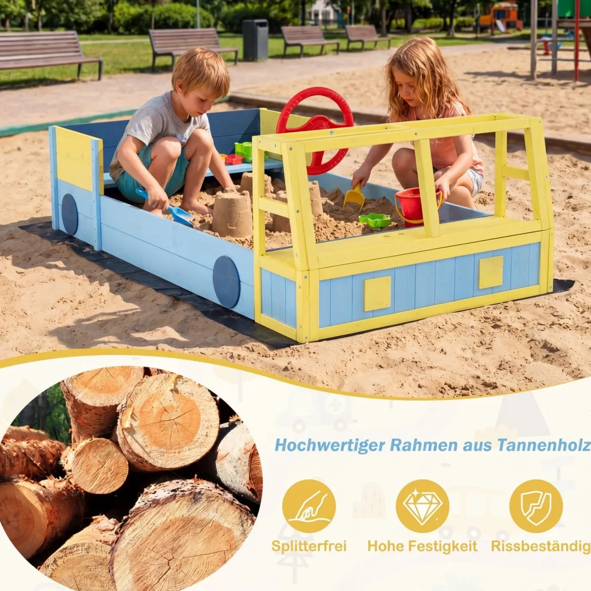 Sandkasten aus Holz Sandkiste im Feuerwehrauto-Design mit Drehbarem Steuerrad & Sitzbank