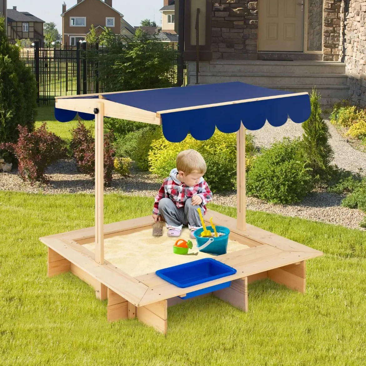 Sandkasten für Kinder im Freien Überdachter Sandkasten 115 x 115 x 121 cm Natur + Blau