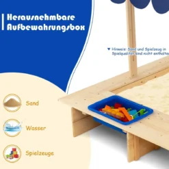 Sandkasten für Kinder im Freien Überdachter Sandkasten 115 x 115 x 121 cm Natur + Blau