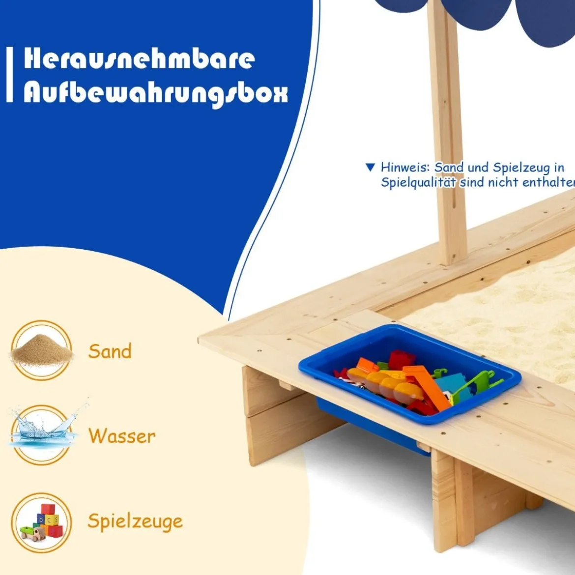Sandkasten für Kinder im Freien Überdachter Sandkasten 115 x 115 x 121 cm Natur + Blau
